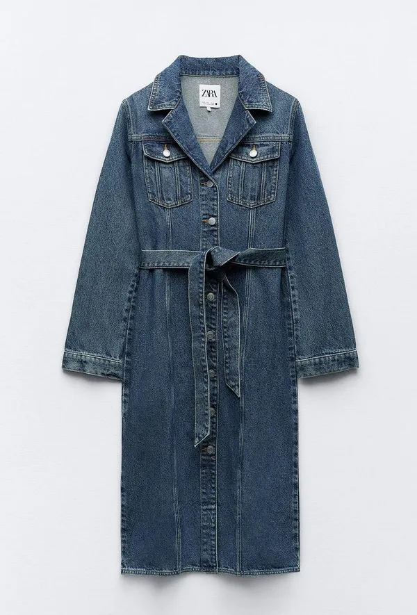 denim jean dress midi button up long sleeve waist tie - Image 6