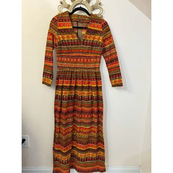 Vintage Groovy Floral Bark/ Lava Cloth Handmade Maxi Dress S/M - Image 3