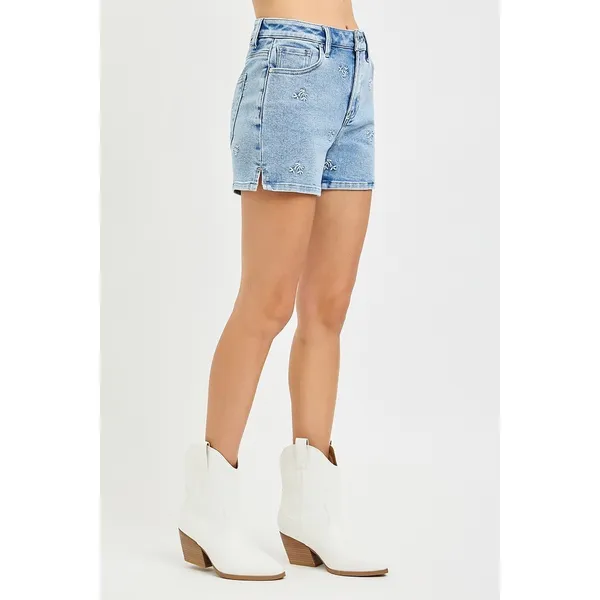 RISEN High Rise Denim Shorts‎ with Embroidered Detail - Medium - Image 4