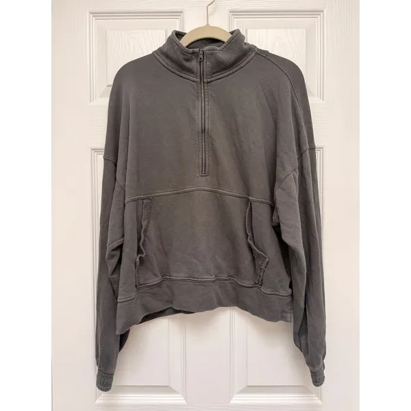 Aerie Chillax Quarter Zip Sweatshirt Charcoal Gray Pullover M - Image 2