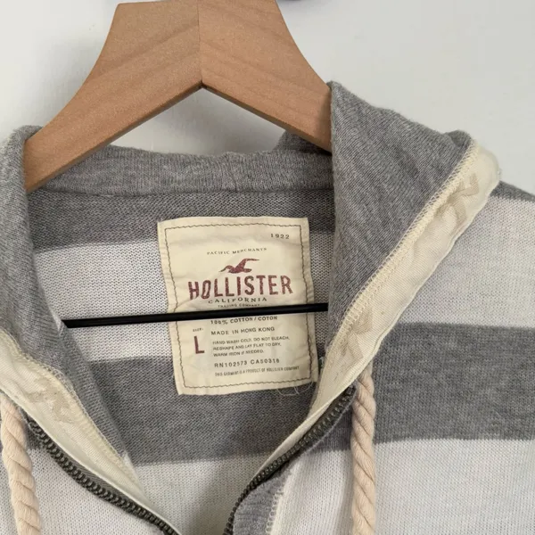 Hollister Y2K Large White Grey Stripe Full Zip Hoodie Grunge 2000s Fitted Beach - Image 2