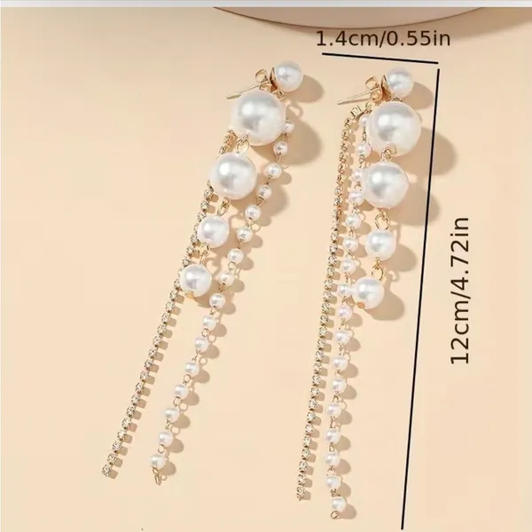 Faux Pearl Shiny Rhinestone Chain Tassel Design Dangle‎ Earrings Elegant Fashion - Image 8