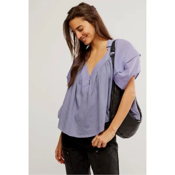 Free People Bohemian Billowy Oversized Sunray Babydoll Top Blue Granite XL - Image 5