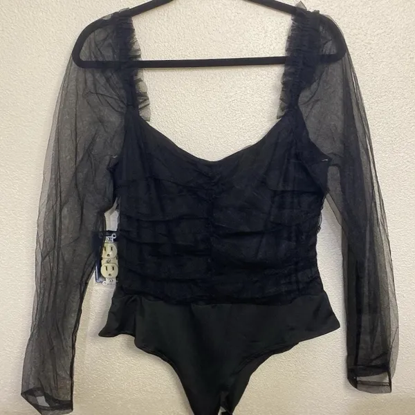 Lulus Black Mesh Long Sleeve Bodysuit Sheer Top Size XL NWT - Image 5