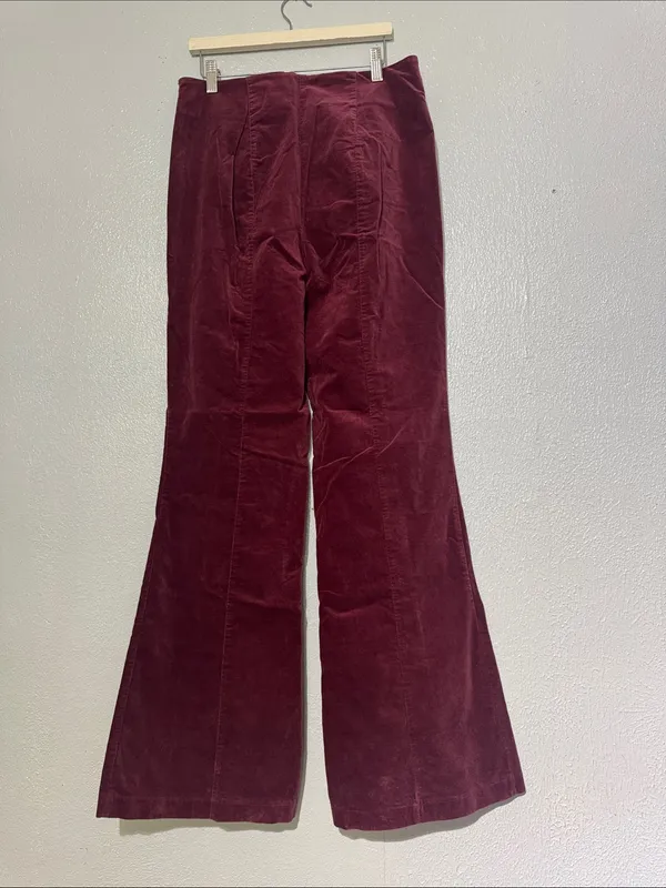 Forever 21 Contemporary Burgundy Velvet Flare Pants High Rise Side Zip XL - Image 3
