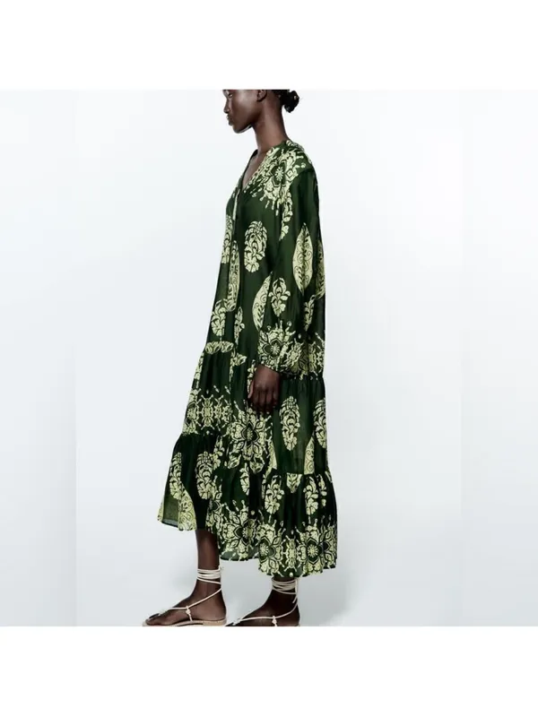 Zara Dark Green Midi Dress with Light Green Botanical Print - Image 7