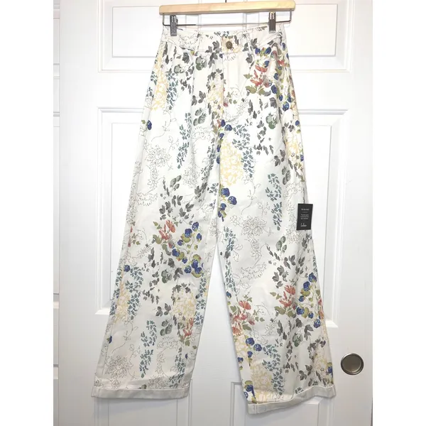 Lulus NWT Garden Cutie Ivory Floral Cotton‎ Twill High Rise Wide Leg Pants XS - Image 2