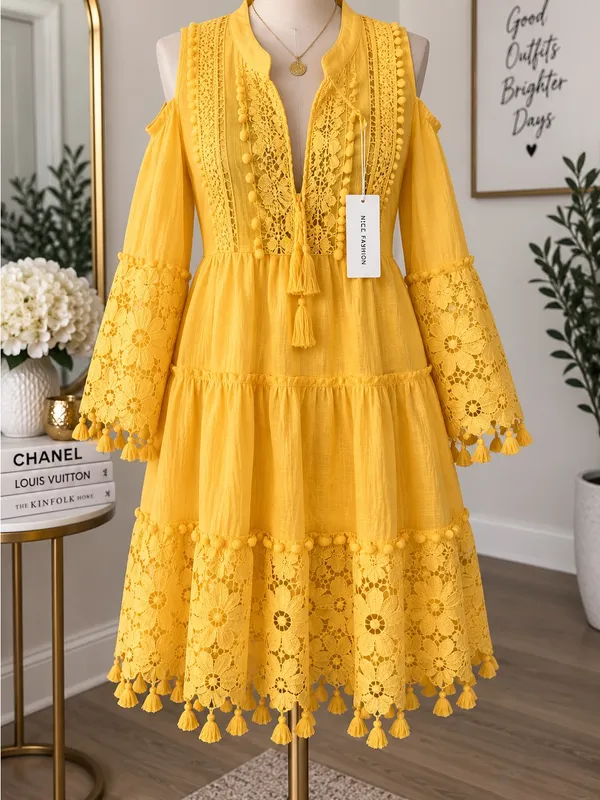 & Other Stories Yellow Lace-Trim Cold-Shoulder Maxi Dress - Image 5