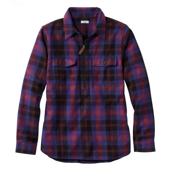 LL Bean Purple Scotch Plaid 1/4 Zip Cotton Flannel Shirt Relaxed MEDIUM - Image 11
