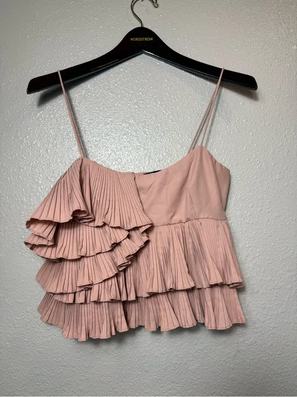 Zara XS Blush Pink Pleated Layered Ruffle‎ Asymmetrical Cami Crop romantic Top - Image 3