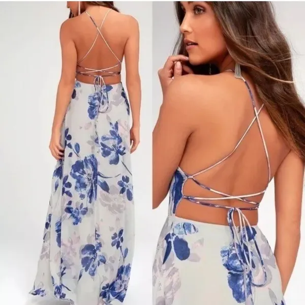 Lulus All I Need Floral Print Lace-Up Maxi‎ Dress in Grey Small - Image 3