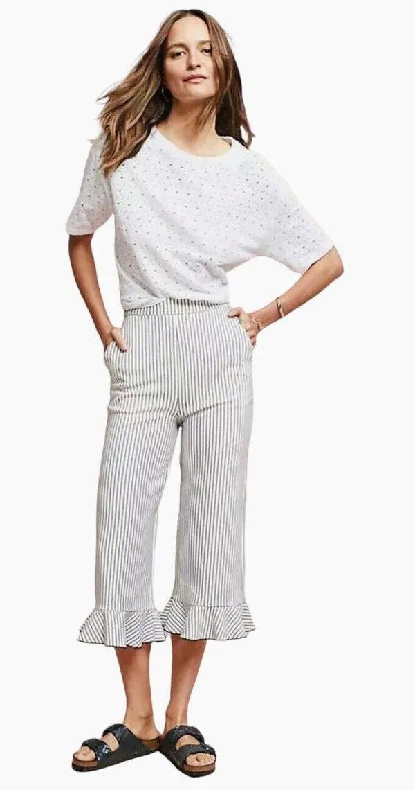 English Factory Gray Striped Ruffle Cropped Bell Bottom Linen Pants - XS - Image 2