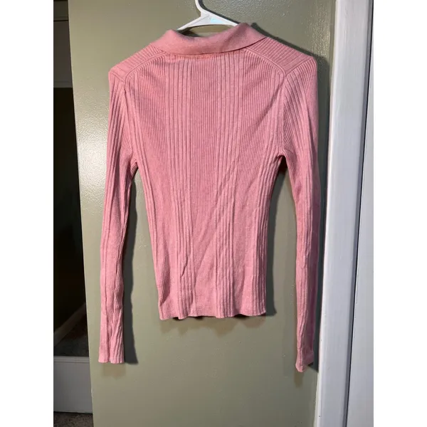 Gap Womens Size Small Ribbed Polo T-Shirt Henley Pink Heather Long Sleeve Ribbed - Image 9