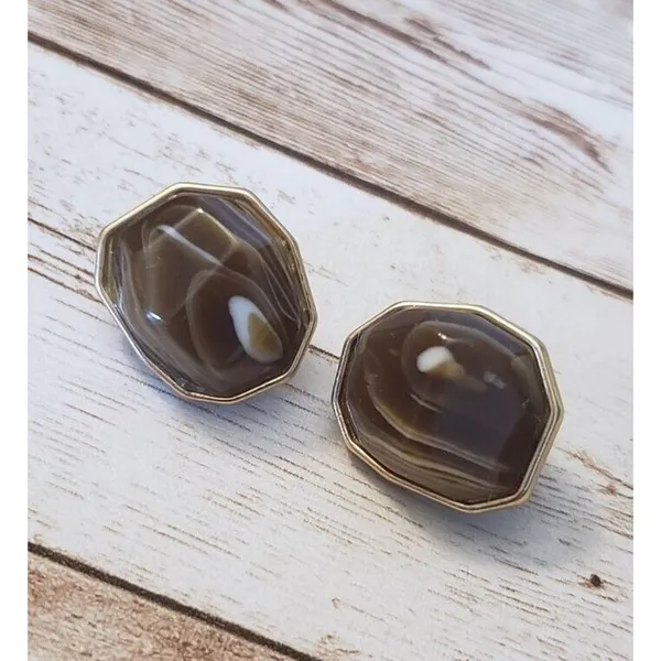 Vintage Clip On Earrings - Stunning Brown & Gold Tone Unusual Statement - Image 2