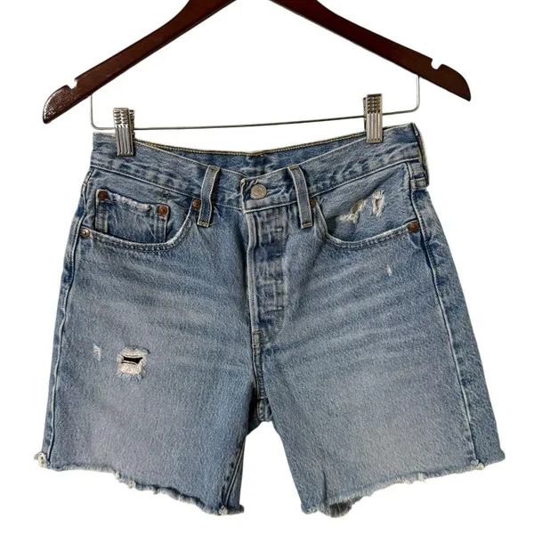 LEVI’S Mid Thigh Distressed Denim High Waisted Blue Jean Shorts - Image 6