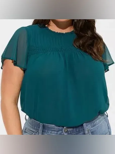 Torrid NWT Deep Teal Chiffon Smocked Pin Tuck Flutter Short Sleeve Blouse Top - Image 2
