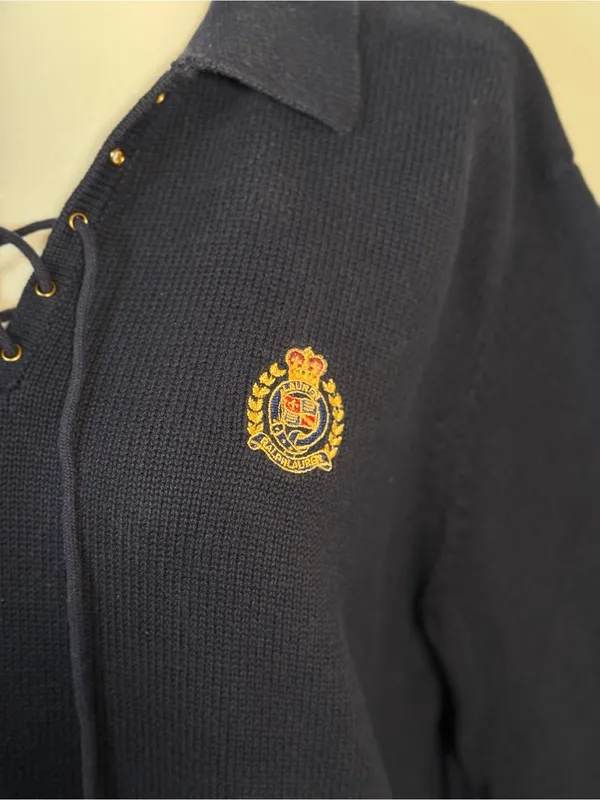 Lauren Ralph Lauren Lace Up Sweater L Navy Crest Cotton Knit Collared Preppy - Image 2