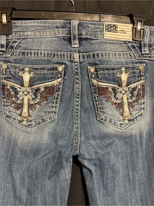 Miss Me Blue Denim Bootcut Jeans size 29 with Embroidered Cross & Wing Pockets - Image 12