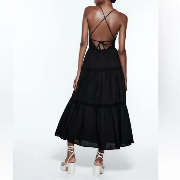 ZARA Black Lace Insert Open Back Strappy Midi Dress Large NEW - Image 2