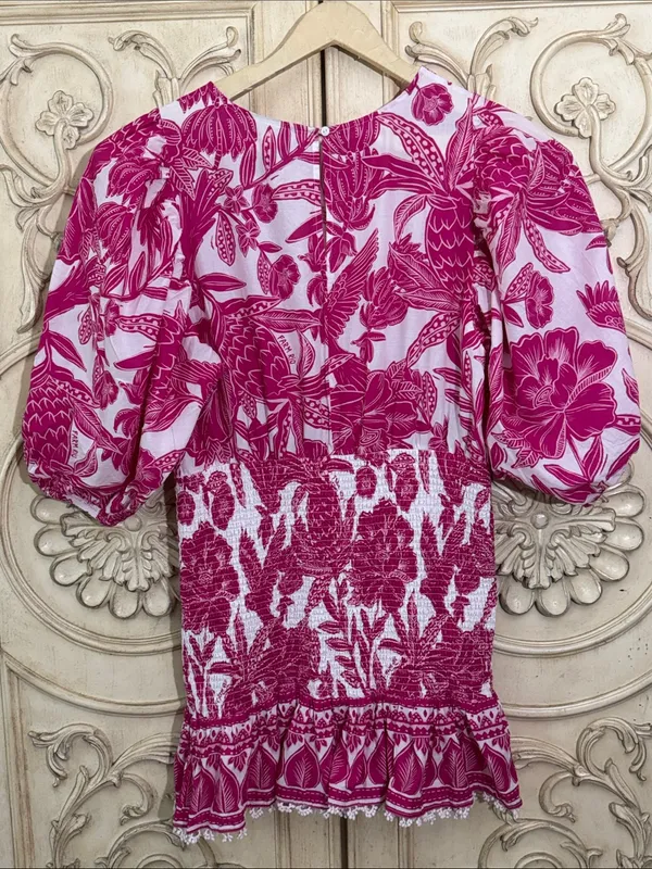 Farm Rio Tropical Woodcut Dress Pink Floral Appliqué Lace Resort Wear Smocked L - Image 10