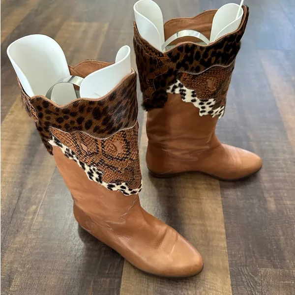 Donna Carolina Leather Patchwork Cowboy Boots Tan Animal Print EU 36.5 - Image 5
