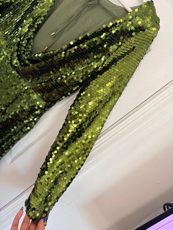 Anthropologie Green Sequin Mini Dress US 4 Party Cocktail Glam Open Back Long Sleeve - Image 12