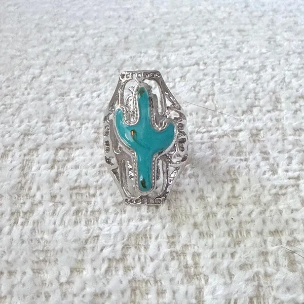 Silver and Turquoise Cactus Ring Size 8.5 - Image 2