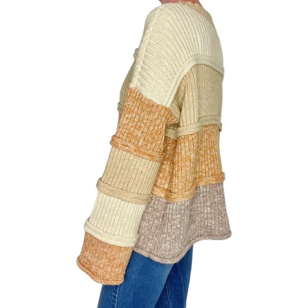 Entro Beige Brown Tan Striped Patchwork Flared Sleeve Sweater - Image 3