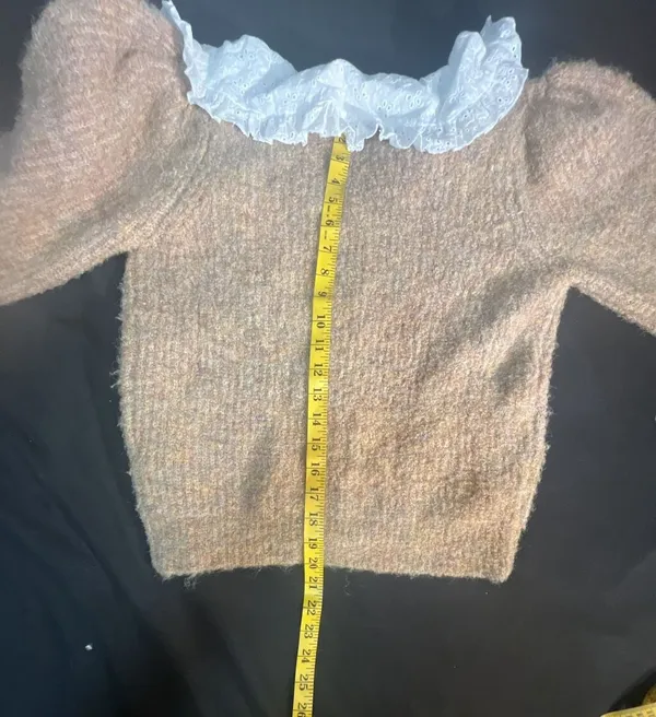 Lush Taupe Knit Cardigan with White Eyelet Peter Pan Collar - Image 8