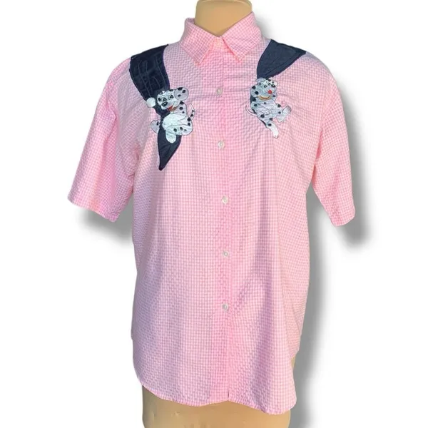 Vintage‎ 80s Embroidered Shirt Pink GinghamTop Plaid Button Up Dalmatian Puppy - Image 4