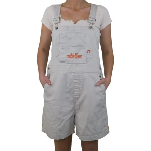 Vintage 90s Bum Equipment Jeans Khaki & Orange Denim Overall Shorts - Image 2