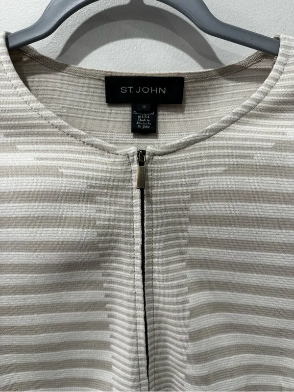 St John Size M Zip Sweater Jacket Wool Cream Stripe Luxury‎ - Image 2