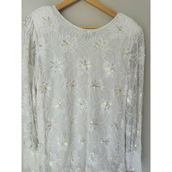 VTG Megere White Sequin Beaded‎ Dress M Long Sleeve Ruffle Hem Formal Wedding - Image 6