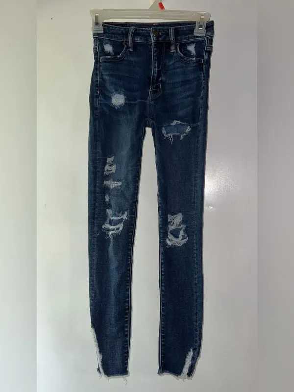 American Eagle Outfitters Dark Blue Distressed High-Rise Skinny Jeans - Image 2