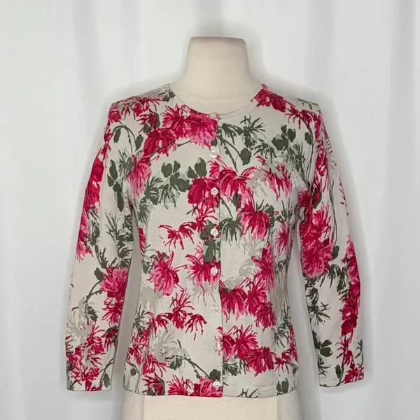 NEW!! GARNET HILL Merino Wool Cardigan‎ Sweater Floral Gray Pink Preppy Small - Image 3