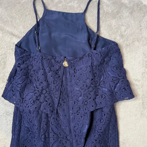 Lilly Pulitzer Celyn Romper Womens 8 Navy Blue Floral Lace Shorts Jumpsuit - Image 7