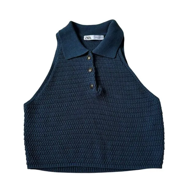 Zara Blue Knit Crochet Crop Top Women Size Medium | 70-13 - Image 3