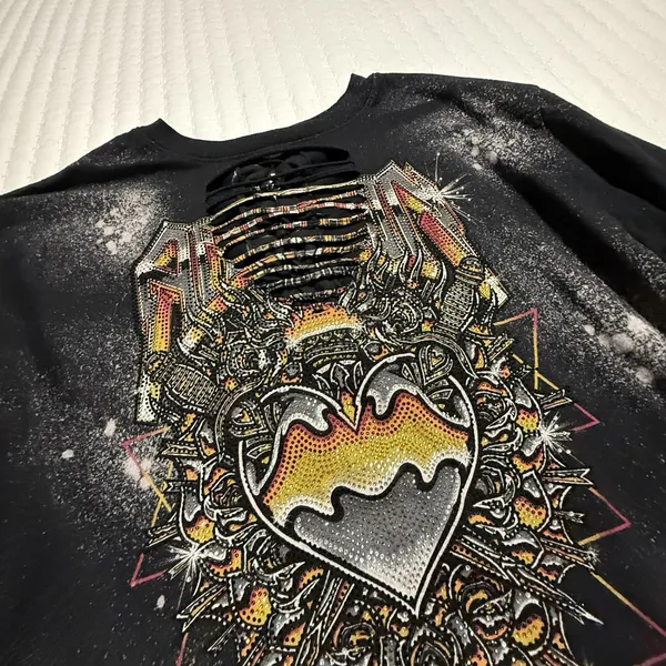 Affliction Black Bleach Wash Rhinestone Chromium Heart T-Shirt Sz L Large - Image 10