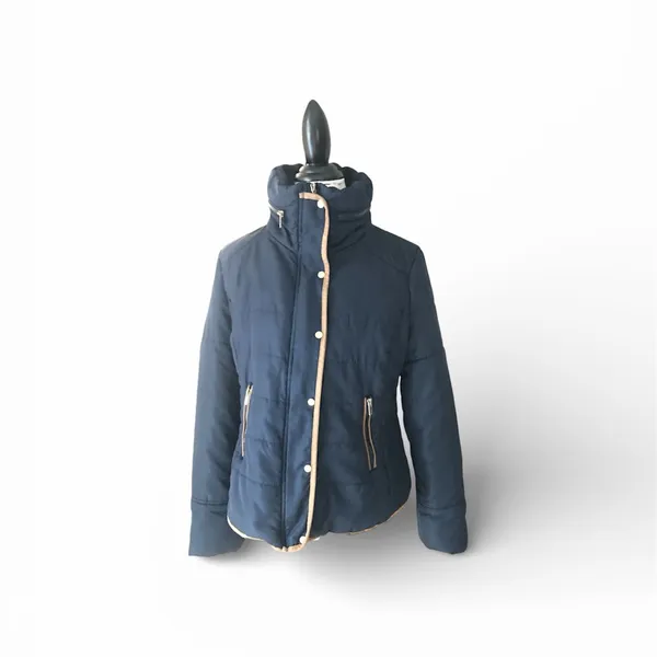 BONGO Quilted Navy Blue Coat with Tan Leather Trim Zip & Button Closure Sz XL - Image 4