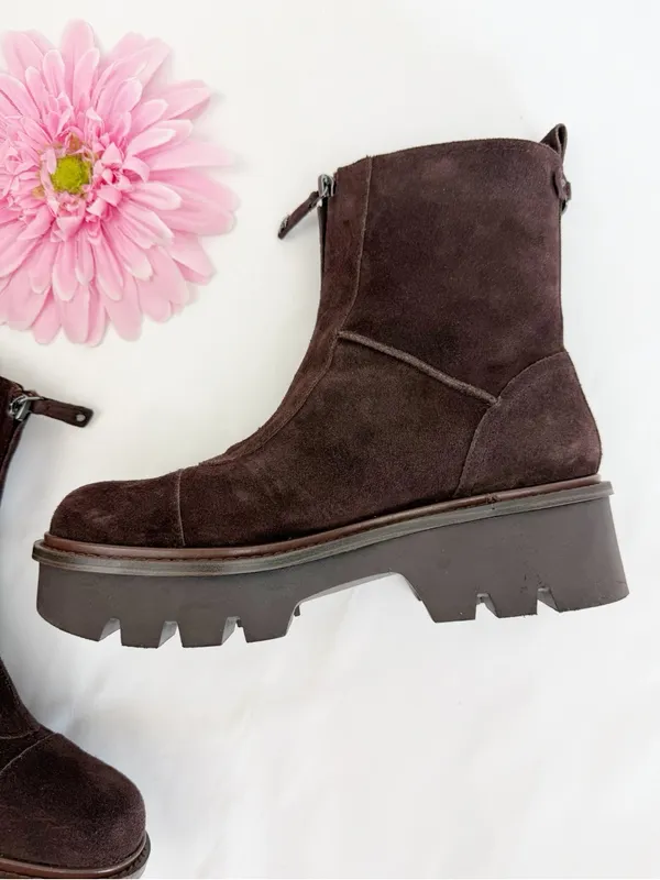 Sam Edelman Cooper Lug Sole Bootie Ankle Boots Chocolate Brown Suede Leather Zip - Image 9