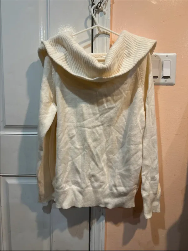 Uniqlo Cream Off-Shoulder Ribbed Cowl Neck Sweater - Image 2