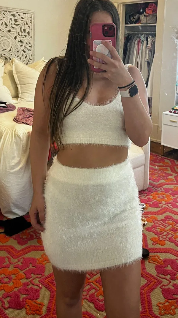 Olivaceous Boutique White Fuzzy Crop Top Skirt Set - Image 3