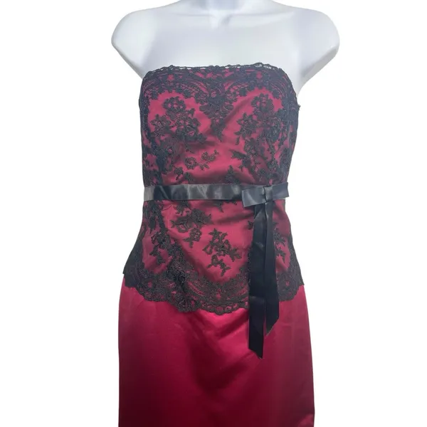 VTG Alexia Burgundy Black Lace Strapless Formal Maxi Dress 10 90s Whimsigoth Y2K - Image 2