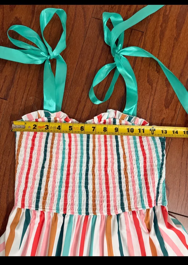 Shein Rainbow colorful Candies Stripe Cami Maxi Dress w-Green Ribbon straps -Small. Super cute, gently warn and excellent condition. Measurements approximately 13” from armpit to armpit x 46.5”” long. Non-smoking home. Priced to sell at as is condition. Don’t like my price, make reasonable offer! - Image 6