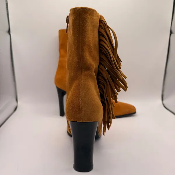 Predictions Leather Collection Tan Suede Fringe Square Pointed Toe Boots Size 7 - Image 4
