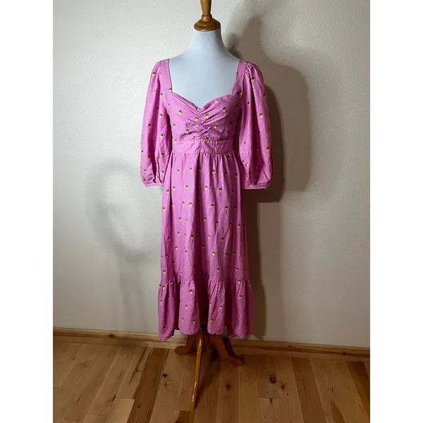 Farm Rio Pink Linen Embroidered Pineapples Tiered Midi Dress SMALL - Image 2