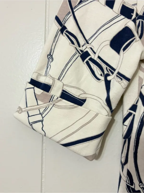 Lauren Ralph Lauren Belt Print Boatneck Top Navy Cream Equestrian Stretch Tee S - Image 10