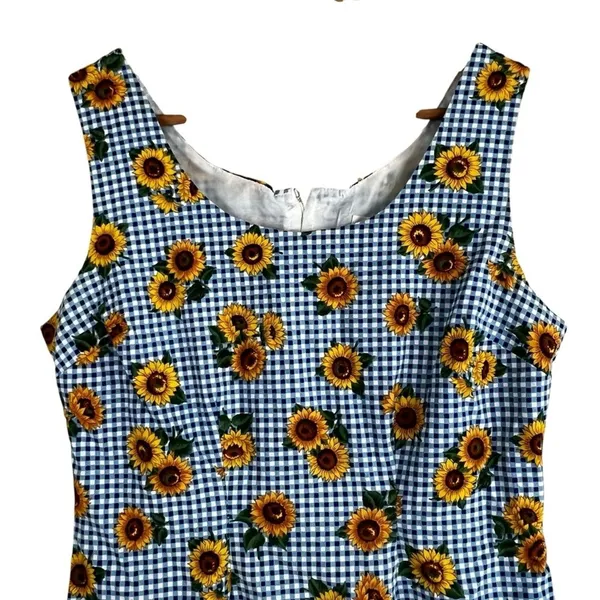 Cosmopolitan Sunflower Gingham Sheath Dress Blue White Floral Retro Size 2 - Image 3