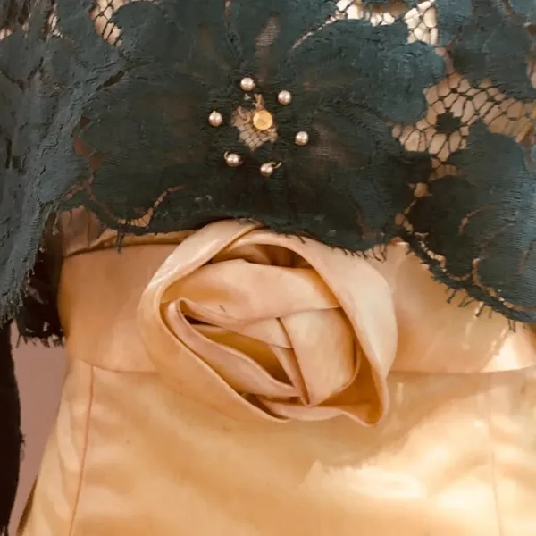 UNBRANDED Hand-Made Vintage 60s Green Lace Yellow Satin Beaded Fitted Dress XXS - Image 6