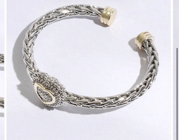 Heart Station Design Braided Bangle Bracelet Silver - Image 2